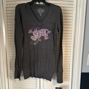 Charcoal V-Neck Sweater with Pink Accent Logo